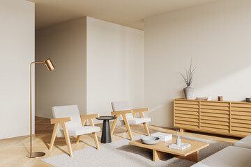 Minimalist interior with wooden furniture and neutral tones. 3D Rendering