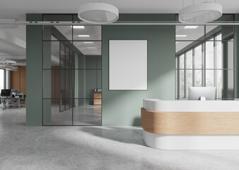 Modern empty office interior with green walls, white reception, blank poster on the wall, and glass partitions in open space. 3D Rendering