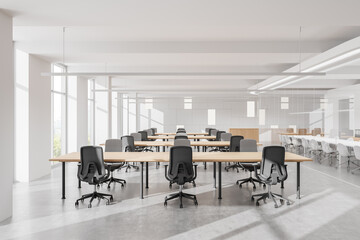 Modern coworking office space with minimalist furniture and bright lighting concept. 3D Rendering