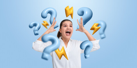 Woman stressed with question marks and thunder symbols around he