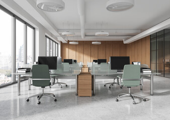 Modern open-space office interior with desks, computers, and chairs in a bright room with large windows and wooden accents. 3D Rendering