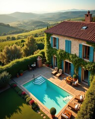 Charming villa with a swimming pool surrounded by lush greenery, overlooking rolling Tuscan hills under warm sunset light. Perfect for luxury travel, vacation, and real estate concepts.