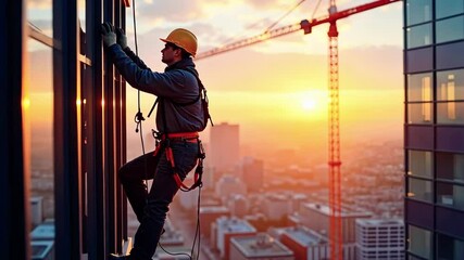 A construction worker ascends a high-rise building at sunset, showcasing urban development.