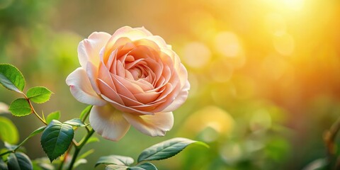 A delicate rose flower with intricate petals and a lush green leafy frame, set against a soft, warm light background