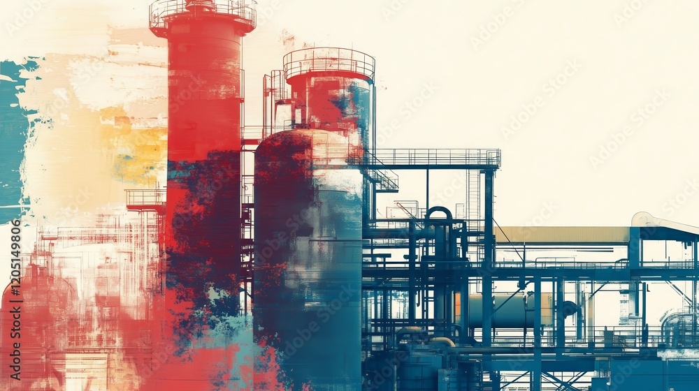Poster abstract representation of industrial structures with vibrant colors and textures.