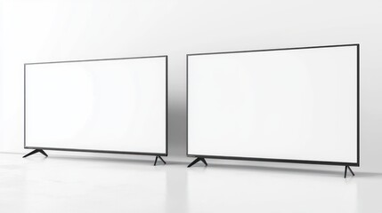 Sleek dual TV display with minimalist white backgrounds for graphics or branding.