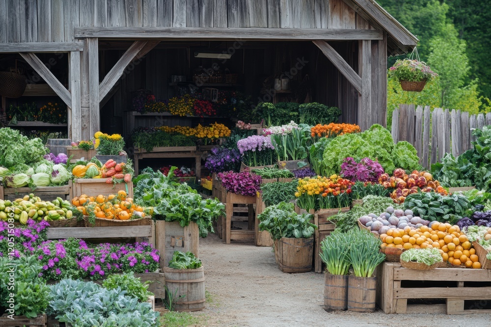 Poster fresh produce market bustling with colorful vegetables and flowers on a sunny day in a rustic settin