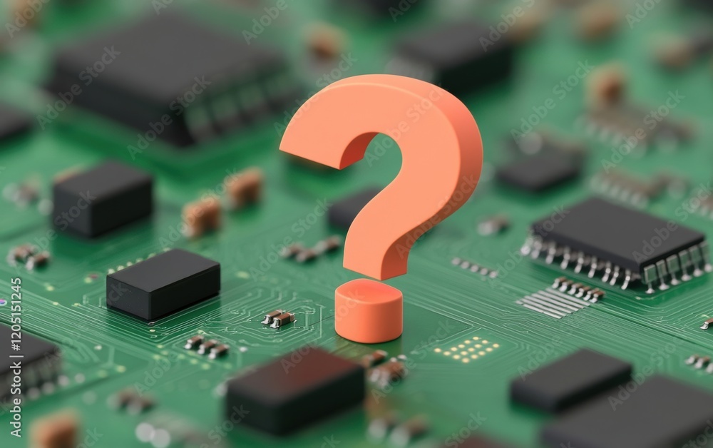 Poster an orange question mark symbol on a green circuit board, representing technology inquiries and digit