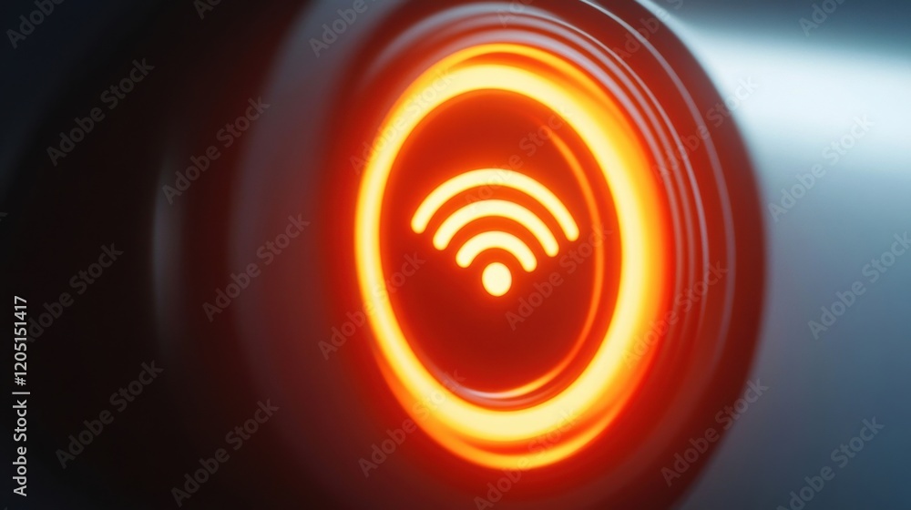 Poster close-up of an illuminated wifi signal icon showcasing modern technology and connectivity.
