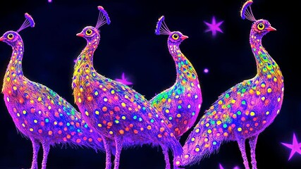 Colorful peacocks display vibrant feathers under glowing lights at night event