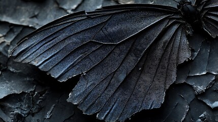 A full-frame close-up of torn black butterfly wings with textures and patterns highlighted by soft lighting