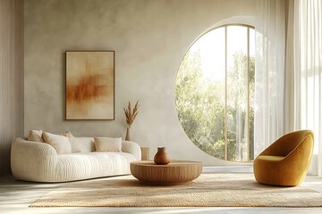 Minimalist, scandinavian style home interior design of modern living room. Boucle white couch with red and cream accent pillows is paired with a natural wood coffee table.


