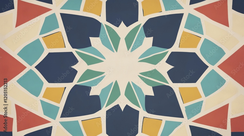 Poster a colorful geometric pattern with a symmetrical design, evoking a sense of harmony.