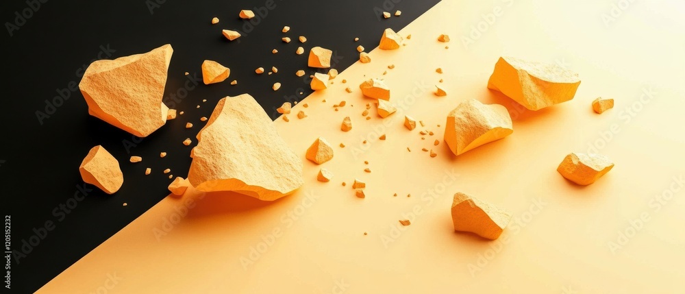 Poster abstract image of fragmented orange rocks on contrasting black and orange backgrounds, creating a dy