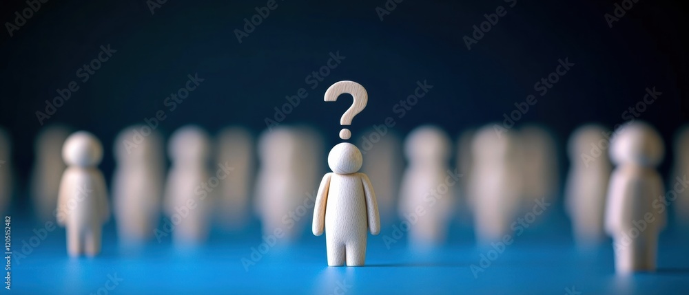 Poster a single figure with a question mark above it, symbolizing curiosity and uncertainty in a crowd of a