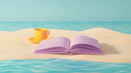 A tranquil beach scene featuring an open book and a yellow cup, invoking relaxation and the joy of reading by the water.