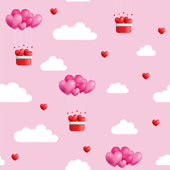 Pink heart balloons above presents in sky. Perfect for Valentine's Day, birthdays, celebrations, party invites, love themed designs, gifts.