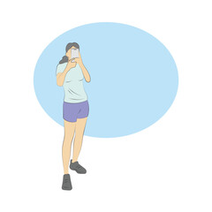 woman using smartphone to take photo at gym illustration vector hand drawn isolated on blue background