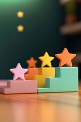 Colorful wooden building blocks with stars demonstrating growth and success in a playful and vibrant setting.