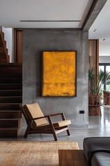 Fototapeta premium Minimalist home interior design of modern living room. Transitional hallway with yellow artwork on concrete gray wall. Wooden staircase leads up to area, with lounge chair with wooden arms and legs