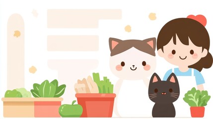 Happy Girl with Cats and Garden Vegetables
