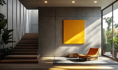 Minimalist home interior design of modern living room. Transitional hallway with yellow artwork on concrete gray wall. Wooden staircase leads up to area, with lounge chair with wooden arms and legs


