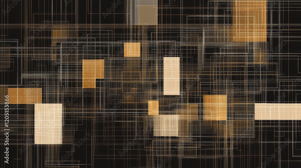 Poster abstract composition of overlapping rectangles in warm tones on a dark background.
