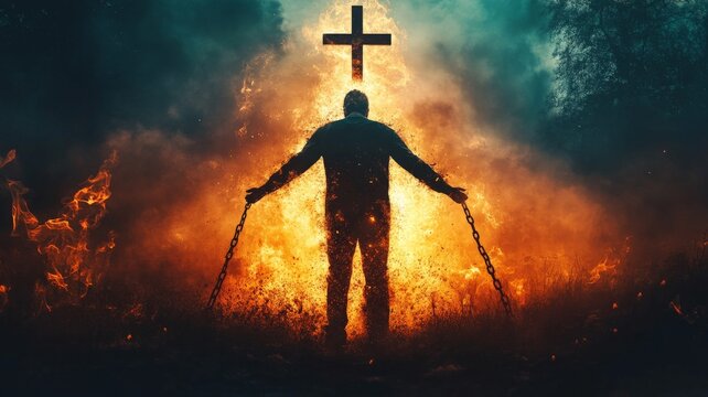 Salvation concept, man breaking from chains of sins, emerging into a bright and hopeful future