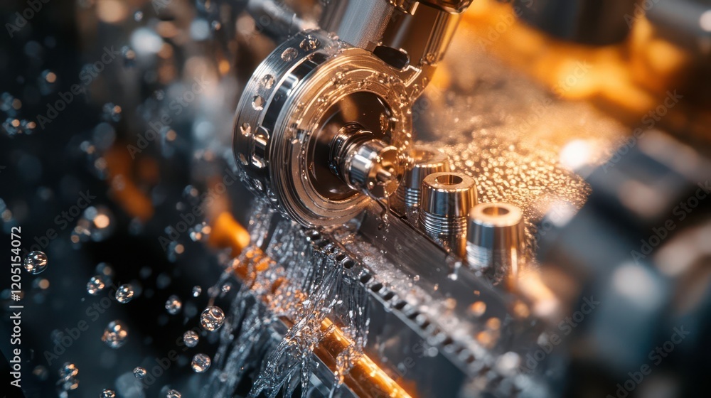 Poster a close-up view of a metallic machine part surrounded by bubbles, showcasing intricate details and t