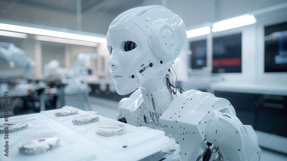 Poster a humanoid robot holding a tray in a modern laboratory setting, showcasing advanced technology and d