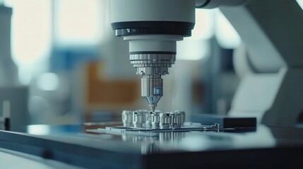 A detailed microscope focuses on a sample, showcasing the precision and advanced technology of scientific research in a laboratory setting.