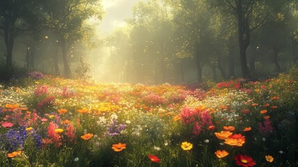 Obraz premium A serene, sunlit meadow filled with colorful flowers, surrounded by trees, creating a tranquil and enchanting atmosphere.