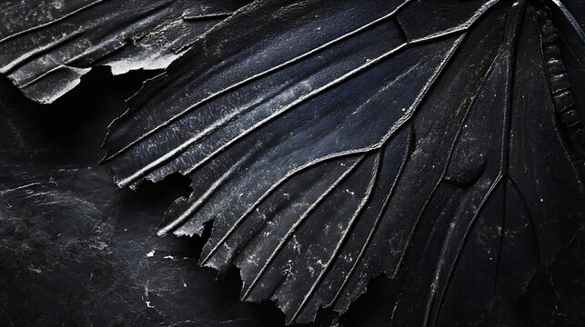 A close-up image of torn black butterfly wings with detailed textures and patterns highlighted by subtle lighting