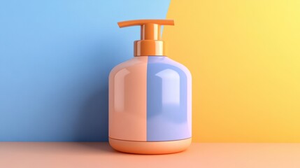 Stylish pump bottle with a modern design against a vibrant, colorful background in peach and blue tones.
