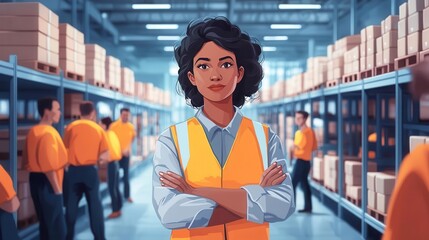 A confident woman in a safety vest stands in a warehouse, overseeing workers in orange attire, surrounded by shelves of boxes.