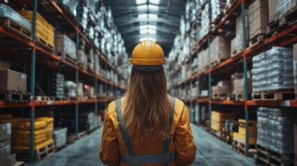 A woman in a yellow hard hat stands in a warehouse, surrounded by shelves filled with boxes and goods, looking towards the organized storage space.