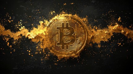 Glowing gold Bitcoin coin exploding with sparks on dark background.