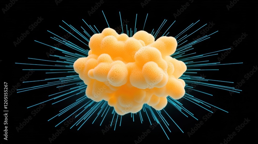 Poster a vibrant yellow cloud surrounded by dynamic blue rays, creating a visually stunning abstract repres