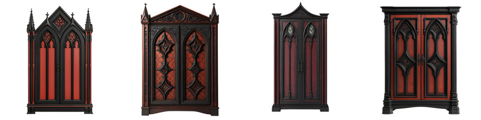 Exquisitely crafted Gothic style wooden furniture and cabinetry featuring intricate medieval inspired designs ornate patterns and a dark mysterious atmosphere  This image showcases the luxurious
