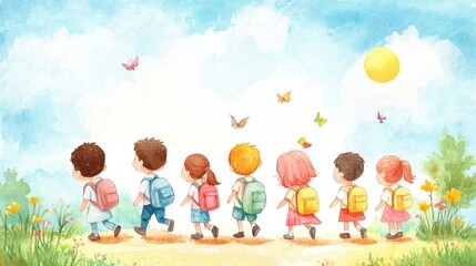 Fototapeta premium A cheerful group of children walking together on a sunny day, surrounded by nature and colorful butterflies.