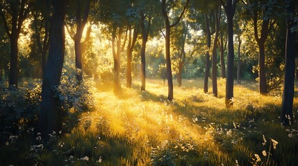 Obraz premium Golden Sunlight Filtering Through a Dense Forest Canopy