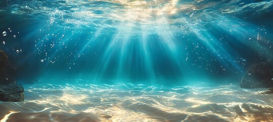 Fototapeta premium Undersea In Light Blue Sea With Sand - Water With Abstract Sunshine 