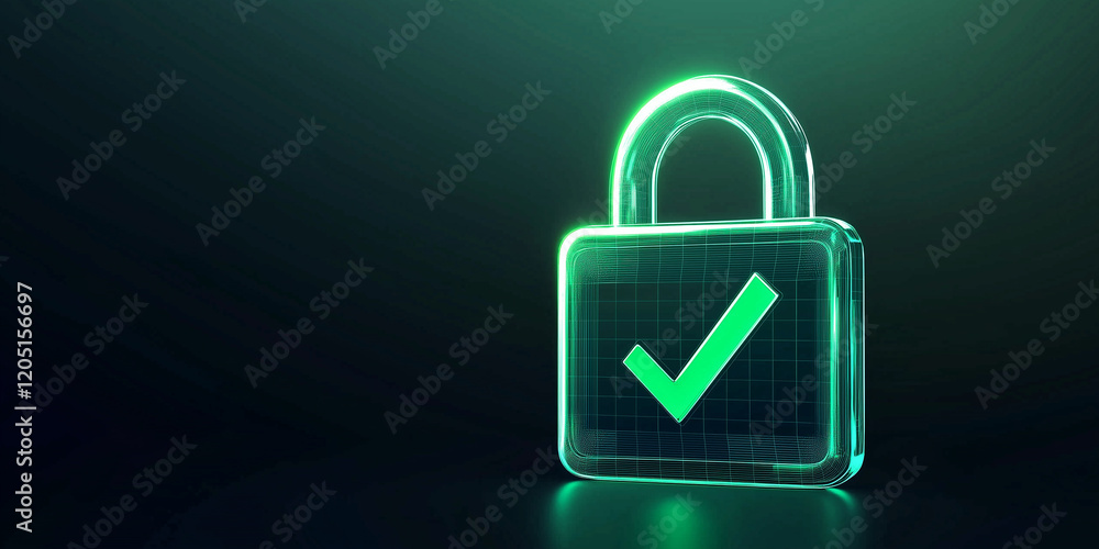 Poster digital security concept with glowing padlock and checkmark indicator representing data protection a