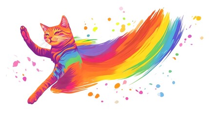 Obraz premium Vibrant Rainbow Cat Artistic Design Colorful Illustration Playful Pet Digital Painting Happy Kitty Bright Rainbow Tail Swirling Colors Energetic Animal Graphic 