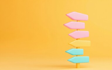 Colorful directional signs against a vibrant yellow background. Ideal for concepts of guidance and choice. Perfect for creative projects.