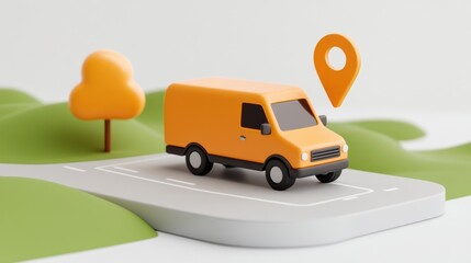 A vibrant yellow delivery van on a scenic road with a location pin and stylized trees, representing transportation and logistics.