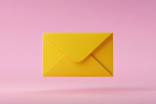 Bright yellow envelope floating against a soft pink background, symbolizing communication and creativity in modern design.