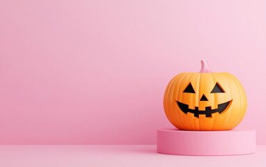 Fototapeta premium Cheerful Halloween pumpkin with a playful expression on a pink pedestal, perfect for festive decorations and seasonal celebrations.