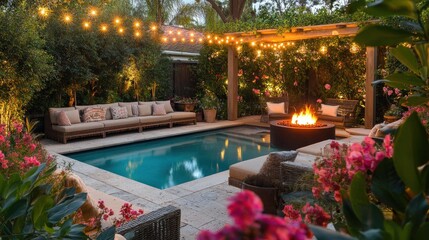 A backyard with a pool and a fire pit