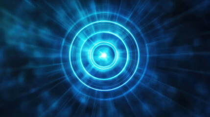 Glowing blue concentric circles radiate light in dark background, creating mesmerizing effect. . Target and direction concept